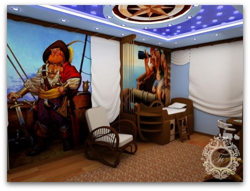 Pirate themed bedroom, navigational signs, pirate wall mural