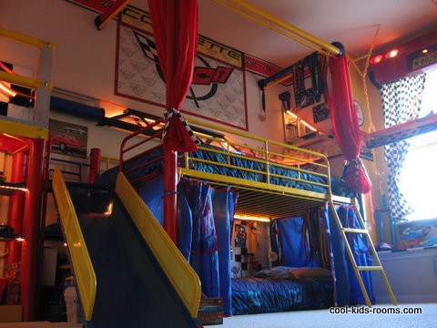 Boys bedroom with metal red and yellow bunkbed