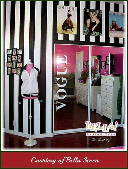 Modern girl’s bedroom with white and black stripe wallpaper, magazine posters and mannequin