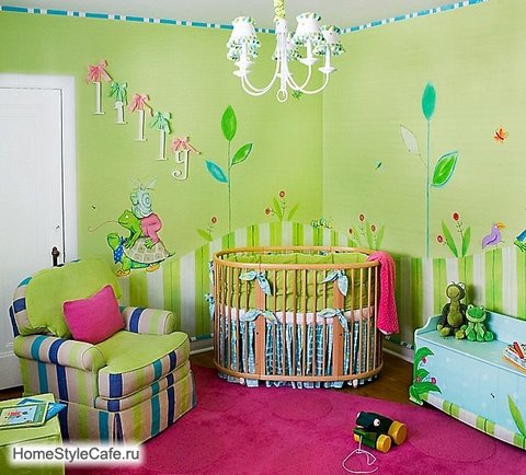 Green and pink nature themed nursery