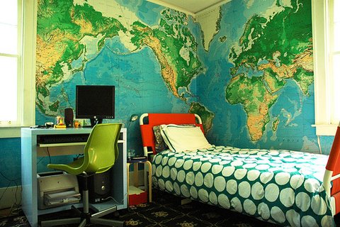 Nice walls decorating idea with world map on the wall