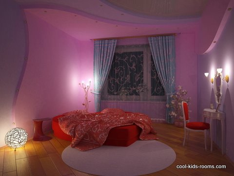 Modern girl's bedroom in lavander blue and red colors